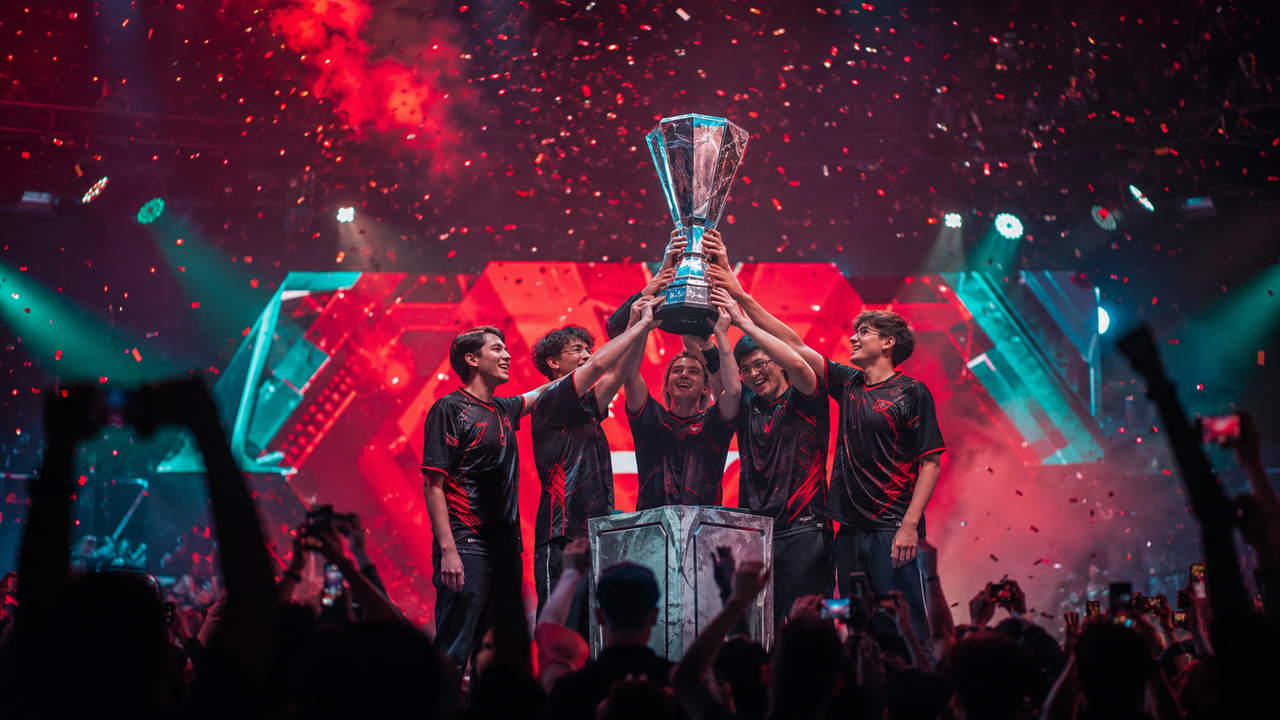 Valorant 토너먼트에서 챔피언 트로피를 들어올리는 esports 팀