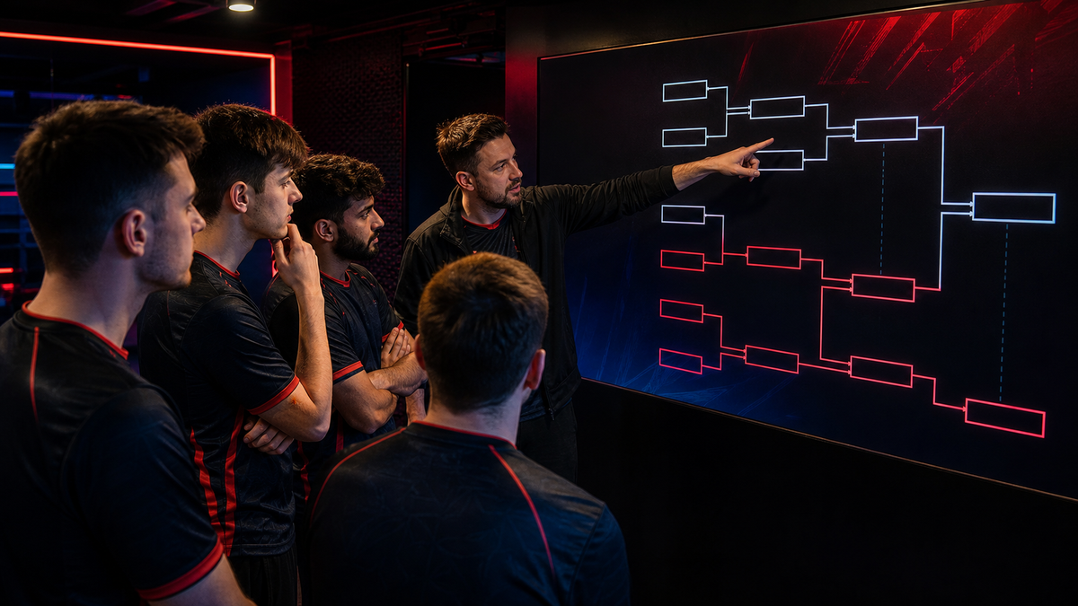 Esportslag som studerar en double-elimination-turneringsbracket