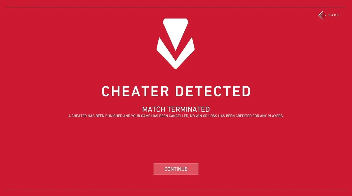 Valorant Vanguard-skärm som visar meddelandet Cheater Detected – Riot Games intensifierar kampen mot DMA-fusk efter anti-cheat-uppdatering