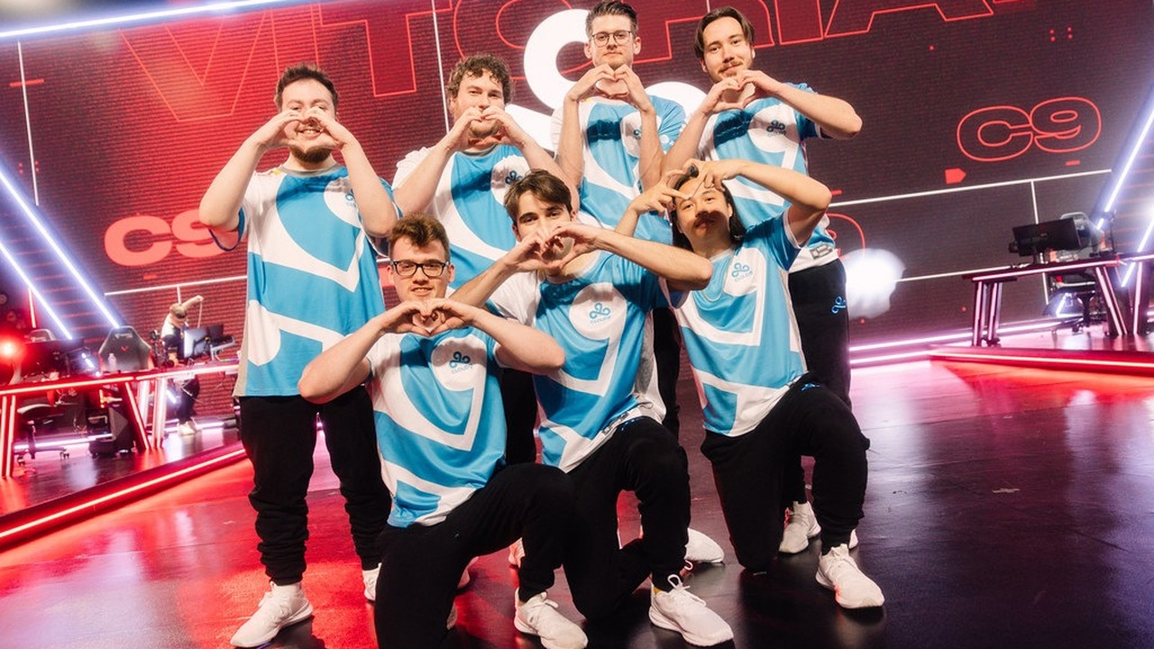 Cloud9 Valorant players pose together on stage