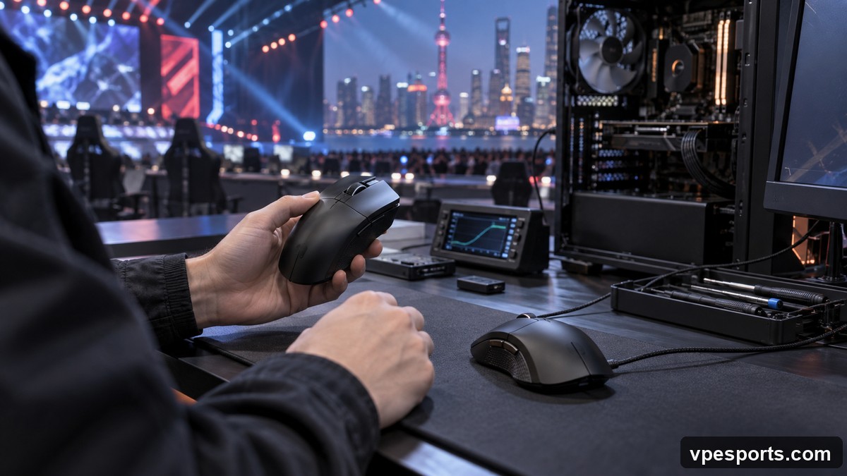 Illustration conceptuelle d’un joueur d’esport vérifiant une souris avant un match