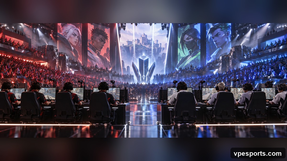 Two teams compete on stage at an international VALORANT playoff event