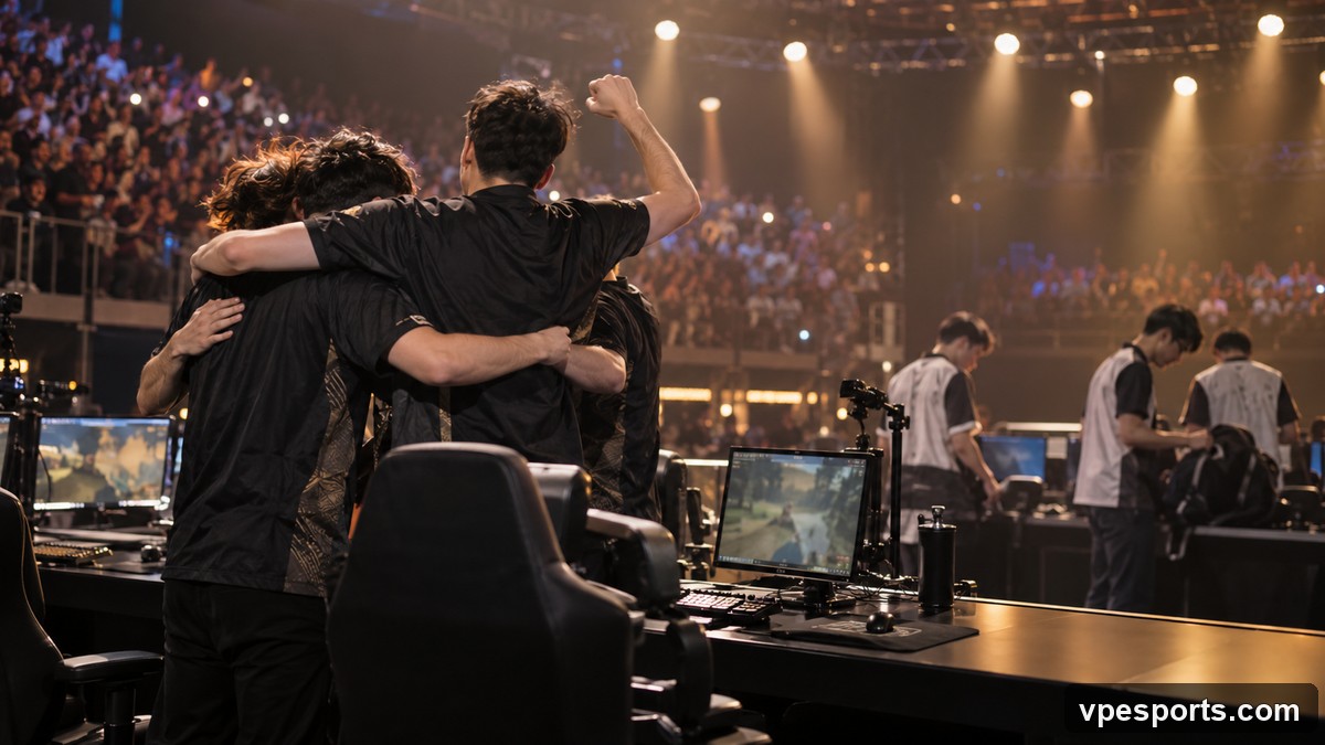 An esports team celebrates a playoff series victory on stage