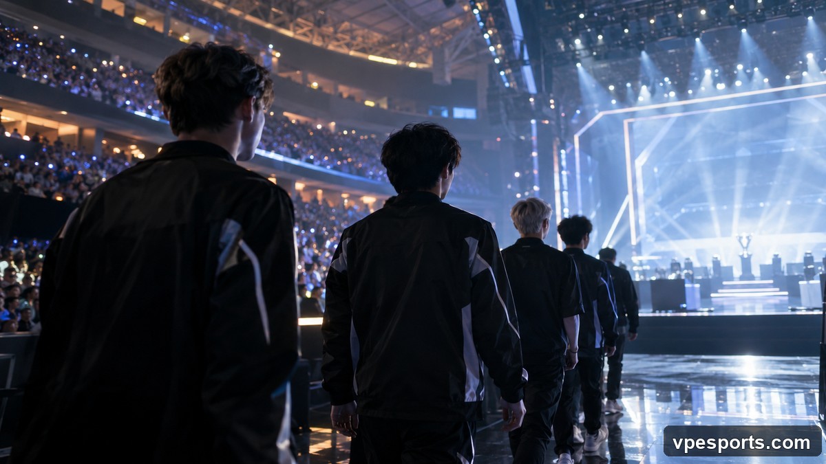 Two esports teams enter an arena for a championship playoff series