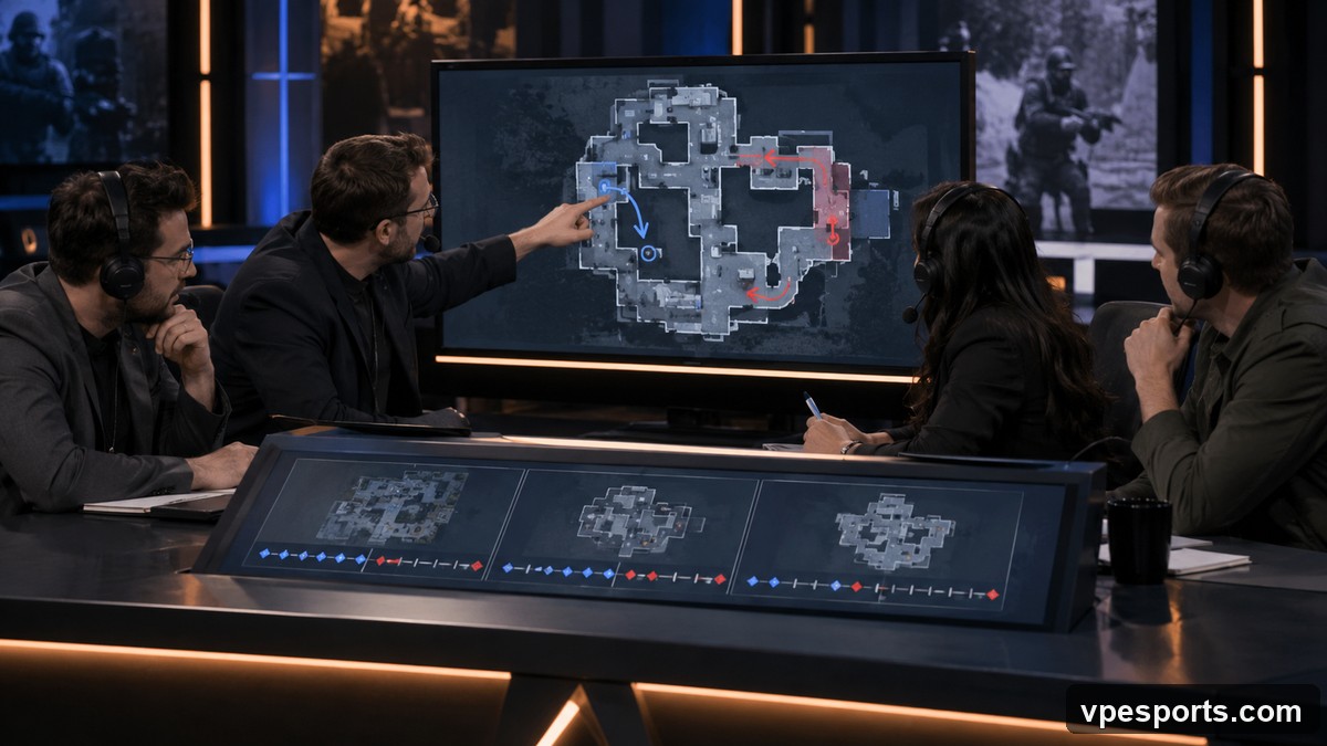 An esports analyst reviews a playoff series map and score progression